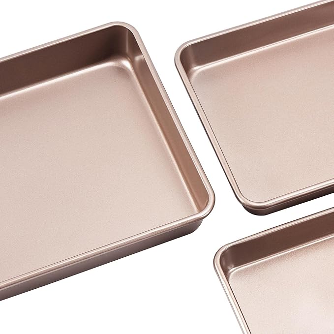 Nonstick Roasting Pan, Deep Baking Pan Set, Large Cake Pan Sets for Oven, 3-Piece Brownie Pan （Gold）