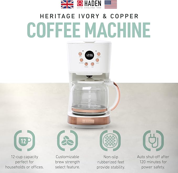 Haden Coffee Machine, 12 Cup Programmable Drip Coffee Maker with Auto Shut-Off Function and Reusable Washable Water Filter, Ivory & Copper