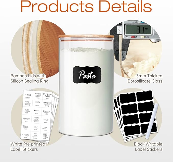 Glass Jars with Bamboo Lids 17 FL OZ [Set of 12], Glass Canisters with Airtight Lids, Glass Food Storage Containers for Spice, Coffee, Sugar, Tea, Candies, Cookies,Best for Kitchen & Pantry