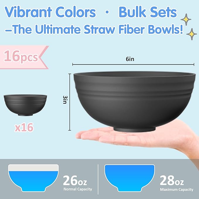Quatish 16 PCS Unbreakable Cereal Bowls,Dishwasher & Microwave Safe Wheat Straw Bowls, Easy-to-Clean Lightweight Snack & Soup Bowl,Multi-Color Portable for Picnics Plastic Bowls Set, Black