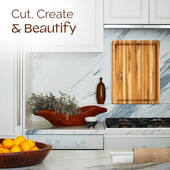 Yes4All Durable Teak Cutting Boards for Kitchen, [20''L x 15''W x 1.5” Thick] Large Edge Grain Cutting Board, Pre Oiled Wood Cutting Boards, Thick Chopping Board w/Juice Grooves and Easy Grip Handle