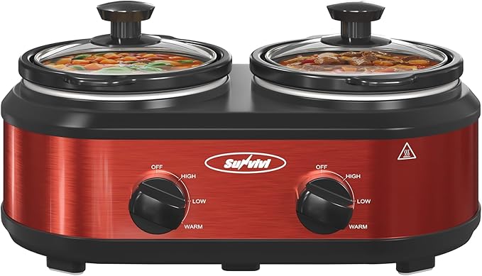 Sunvivi Double Slow Cooker,2 Pot Small Mini Crock Buffet Servers and Warmer,Dual Pot Oval Manual Slow Cooker with Adjustable Temp Removable Ceramic Pot,Stainless Steel, Total 2.5 Quarts Red