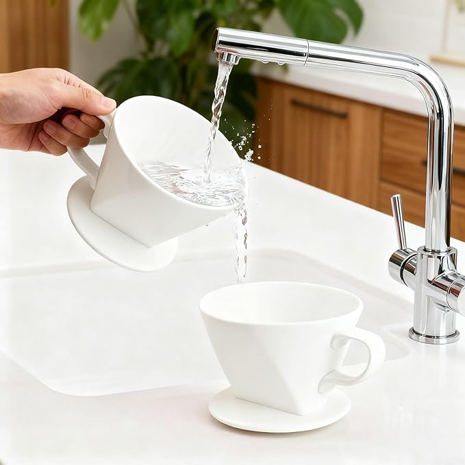 Handmade Pour Over Ceramic Coffee Dripper - Authentic Brewing Experience for Camping, Office, and Home (White)