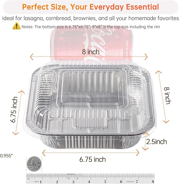 8x8 Aluminum Pans with Clear Lids - 20 Pack Disposable Baking Pans, Heavy Duty Tin Foil Trays for Cake Baking, Cooking, Heating, Storing, Prepping Food
