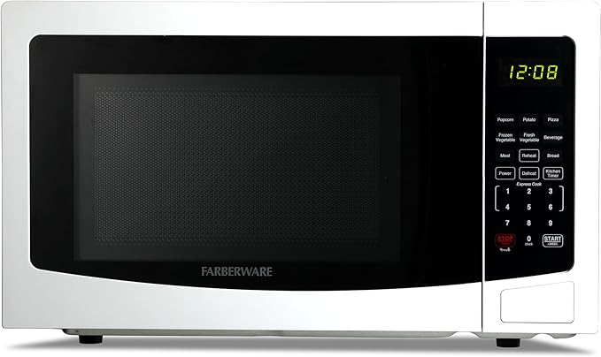 Farberware 1.1 Cu. Ft. Countertop Microwave Oven – 1000 Watts Power, Auto Cook Settings, Defrost, Easy Clean and Child Safety Lock-White