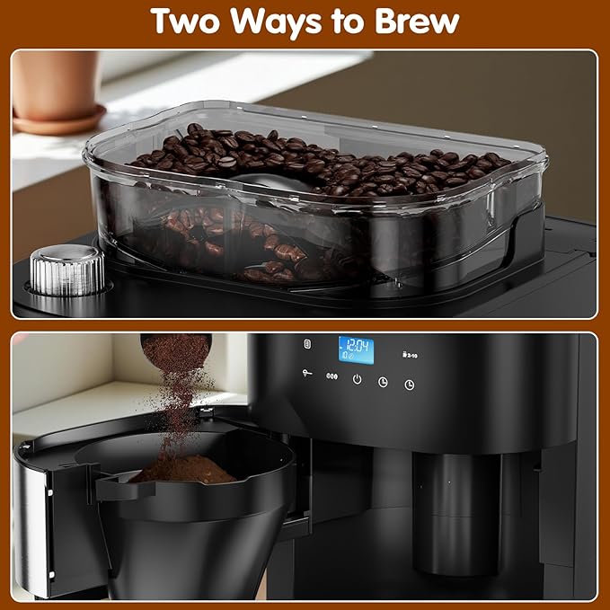 Joy Pebble 10-Cup Drip Coffee Maker with Built-In Grind, Grind & Brew, Touch-Screen Control, 1.5L Large Water Tank & Keep Warm Plate