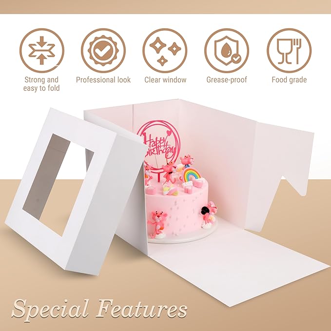 Cakebon Cake Boxes with Boards - 8 Inch Round Cake Drum White (1-pack) - Box With Window for Birthdays, Weddings and Parties