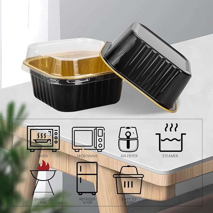 50 Pcs Mini Square Baking Cups with Lids,10oz Aluminum Foil Mini Cake Pans with Lids,Disposable Ramekins Cake Pans,300ml Dessert Cups Cupcake Pans for Wedding Birthday Party,Blackgold