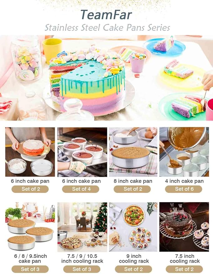 TeamFar 9½ Inch Cake Pan, 3 Pcs Round Tier Cake Pans Set Stainless Steel for Baking Steaming Serving, Perfect for Birthday Wedding Celebrations, Healthy & Sturdy, Mirror Finish & Dishwasher Safe