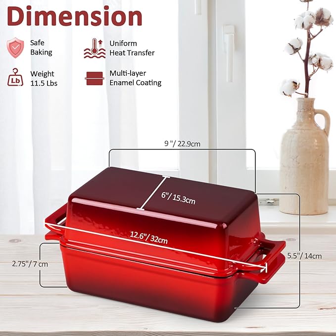 Leonyo 9 x 6 inch Cast Iron Loaf Pan with Lid, 2-in-1 Enameled Sourdough Baking Pan, Homemade Bread Dutch Oven for Pound Cake, Lasagna, Up to 500℉ & Red