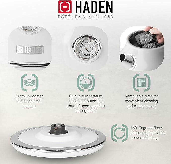 Haden Dorset 1.7 Liter Stainless Steel Electric Kettle, Hot Water Kettle with 360-Degree Base and Auto Shutoff, Ivory & Chrome