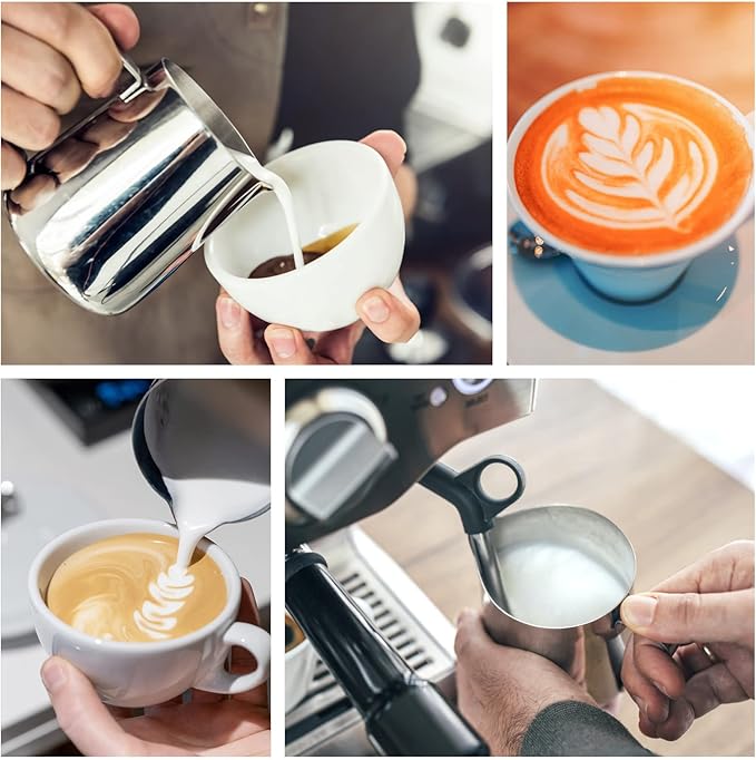 Milk Frothing Pitcher, Stainless Steel Coffee Cup Mug Milk Frothing Pitcher Jug with Lid and Handle Cappuccino Latte Coffee Art for Home Office Kitchen Coffee Shop, Silver(600ml)