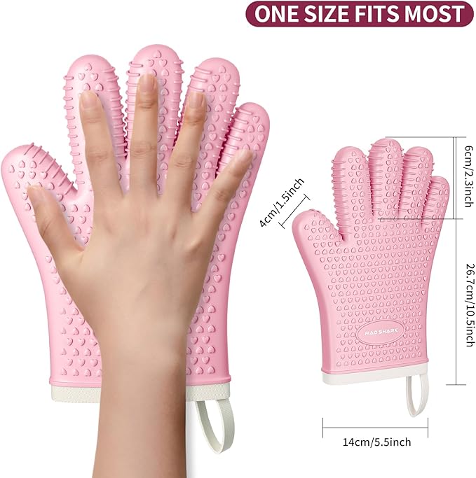 MAD SHARK Silicone Oven Mitts Heat Resistant 450 Degrees,Waterproof & Non-Slip Oven Gloves with Fingers,Cotton Lined Silicone Oven Gloves Kitchen Mitts for Baking Cooking Barbecue,Women (Pink)