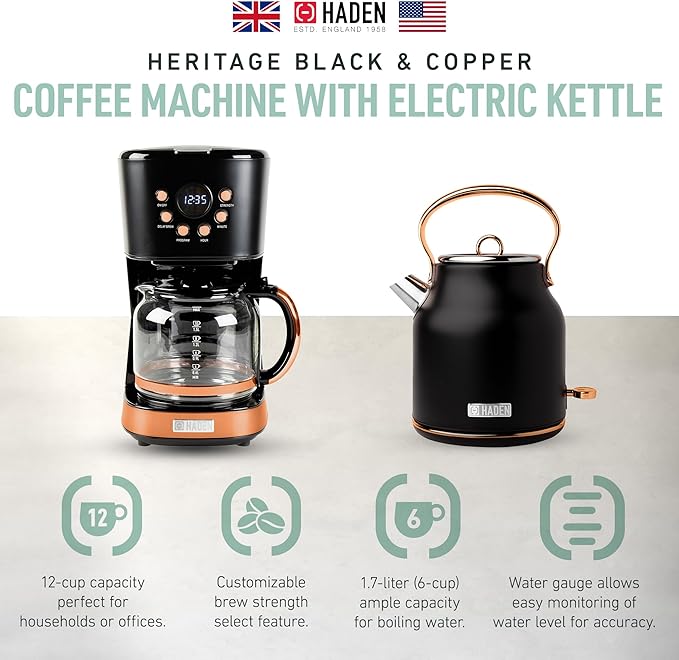 HADEN Heritage 1.7 Liter Stainless Steel Electric Kettle Bundled with 12 Cup Drip Coffee Maker, Coffee Machine with Auto Shut-Off, Black & Copper