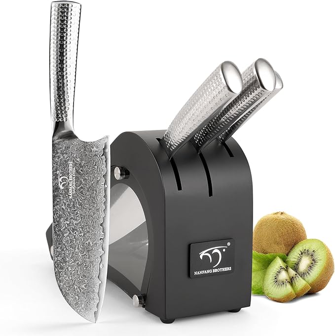 Damascus Kitchen Knife Set with Block, 4 Pieces Knife Block Set with Hammered Patterns Ergonomic Handles, 67 Layer Handmade Damascus VG10 Steel Core NF-D0519T-4B