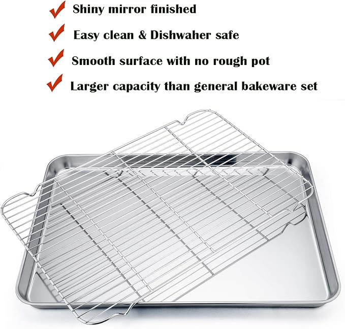 P&P CHEF 19.6 Inch Stainless Steel Baking Sheet with Rack Set (2 Pans+ 2 Racks), Cookie Sheets Baking Trays and Cooling Wire Racks, Oven & Dishwasher Safe, Pans with Flat Racks