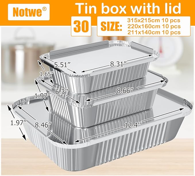 Notwoe® Disposable Aluminum Pans with Lids, 10x7.5 and 7.3x5.3 Square 6.9x4.3 Square Combo Set, Disposable Baking and Cake Pan. (L30 Pack w/Lids)