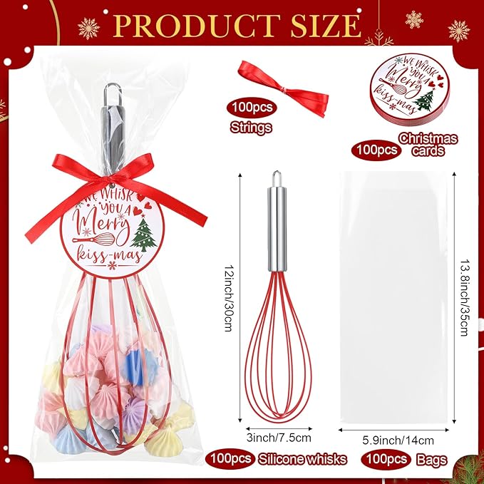 100 Sets 12 Inch Christmas Whisks Gifts DIYFillable Christmas Tree Ornaments Xmas Colored Silicone Whisks for Cooking Heat Resistant Egg Beaters with Card Rope Bag for Candy Holder