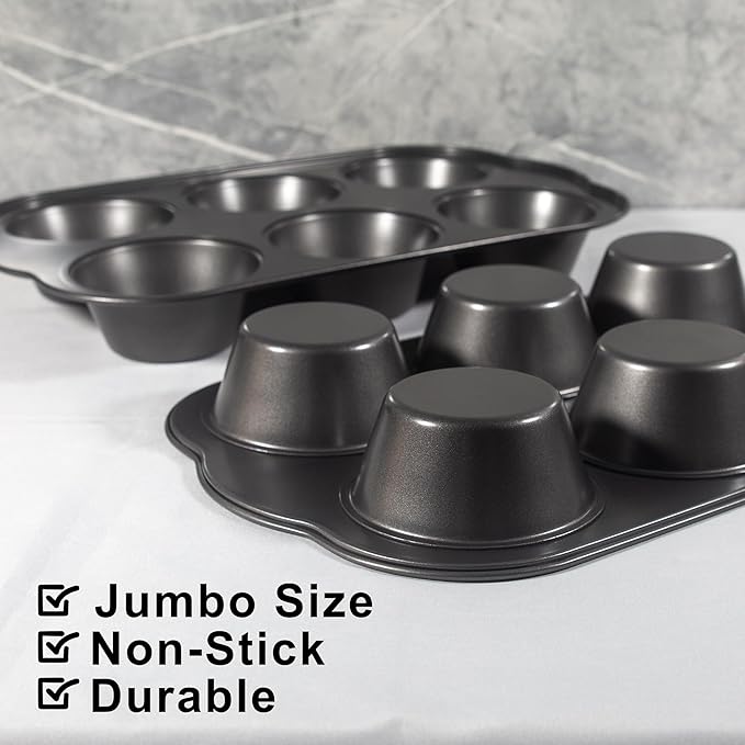 Non-Stick Jumbo Muffin Pans, 3.5" 6-Cup Set of 2 Baking Pans, Heavy Duty Carbon Steel Tins for Extra-large Muffins & Cupcakes