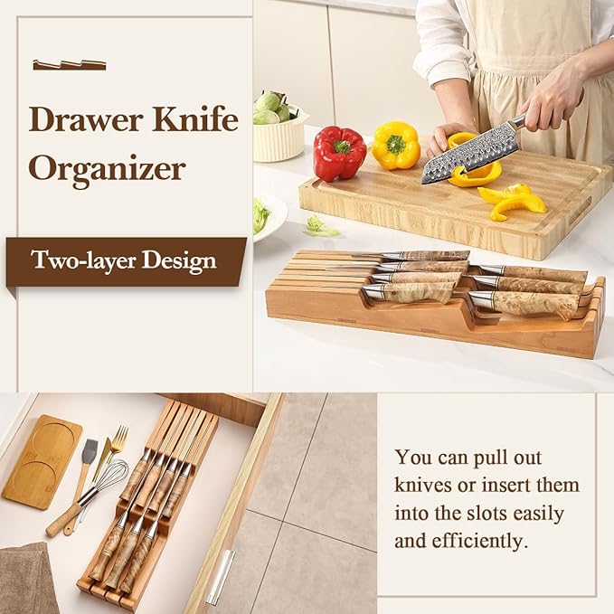HEZHEN 7-slot Cherry Wood In-drawer Knife Tray,Kitchen Storage Organization Organizer Insert,Saves Countertop Space