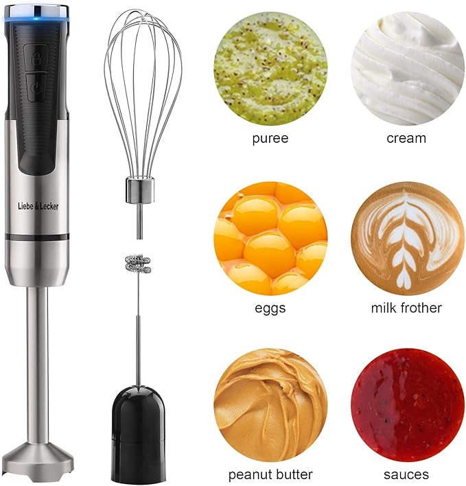 Liebe&Lecker Immersion Blender Cordless Handheld, 3 in 1 Cordless Hand Blender, 8 Speed Cordless Immersion Blender, Wireless Handheld Portable Mixer with Whisk Milk Frother for Soup Smoothie
