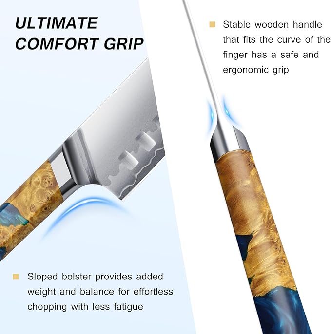 FINTISO Santoku Knife 7 inch Kitchen Knife S35VN Powder Steel Core for Meats Vegetables, 7-Layers Clad Steel Japanese Chef Knife Super Sharp Chopping Knife with Celestial Resin & Wood Handle Best Gift