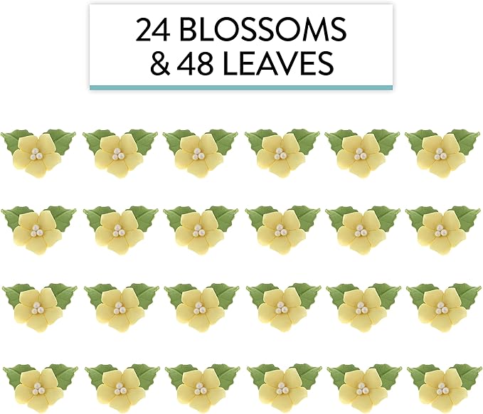 Global Sugar Art Blossoms and Leaves Edible Sugar Cake & Cupcake Flowers, Yellow, Small Unwired, 24 Count with Leaves by Chef Alan Tetreault