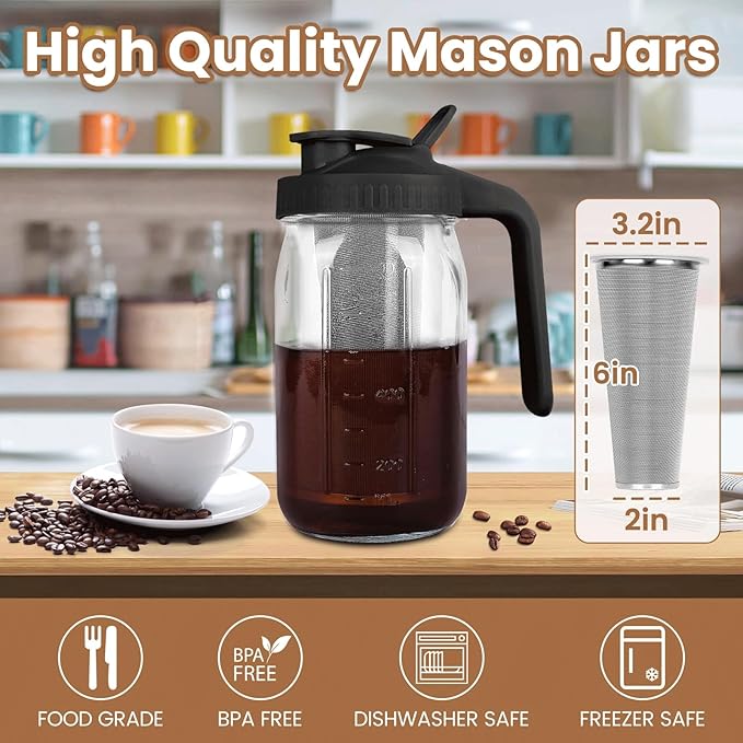 Cold Brew Coffee Maker,32 Oz Mason Jar Pitcher with Stainless Steel Filter, Pour Spout Handle Lid, Heavy Duty Glass Airtight & Leak-Proof Pitcher for iced coffee Tea Breastmilk Lemonade-Black
