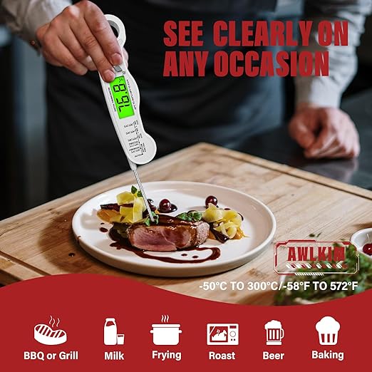 Meat Thermometer Digital - Fast Instant Read Food Thermometer for Cooking, Candy Making, Outside Grill, IP67 Waterproof Kitchen Thermometer with Backlight, Stocking Stuffers for Men - White