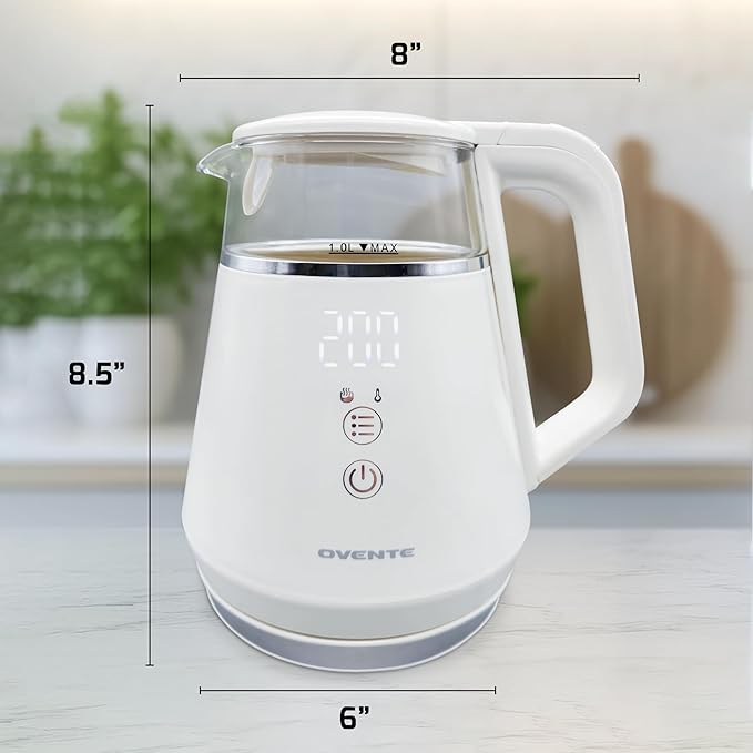 OVENTE 1L Small Electric Kettle with 5 Temperature Preset, Digital Display, 5Hr Keep Warm, Auto Shut-Off, Double-Wall Cool Touch Exterior, Borosilicate Glass,1500W BPA Free Water Boiler, White KD95W