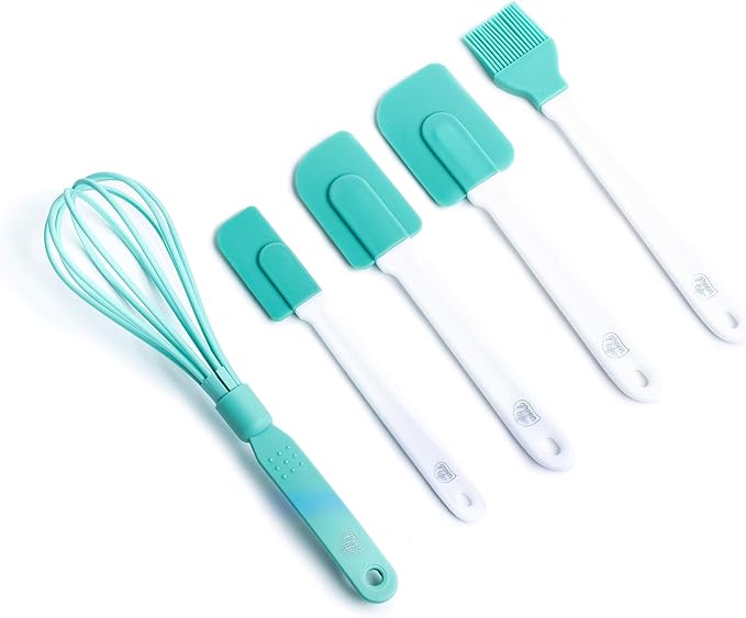GreenLife Cooking Tools and Utensils, 5 Piece Nylon and Silicone Baking Set with Spatulas Wisk and Brush, Dishwasher Safe, Turquoise