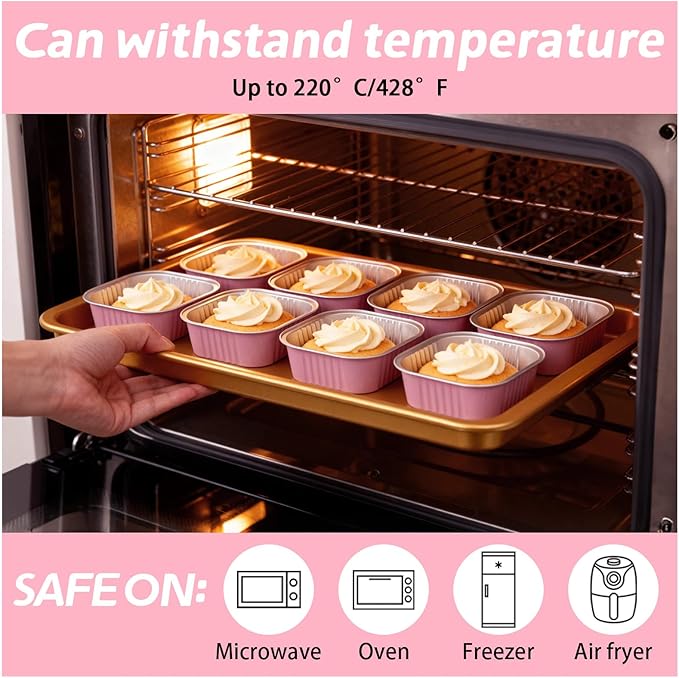 200 Pack 10 oz Pink Square Mini Cake Pans with Lids, Mini Loaf Pans with Lids, Aluminum Foil Square Brownie Baking Cups for Ramekins Muffin Cupcake Wedding Birthday Party