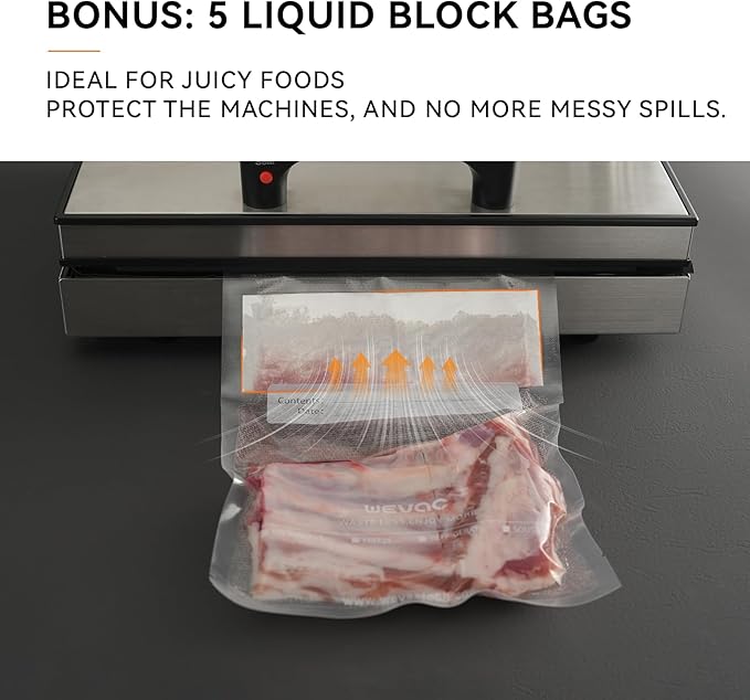 Wevac Vacuum Sealer Bags, 150 Gallon 11" x 16", and Quart 8" x 12" and Pint 6" x 10", 5 Liquid Block Bags & 5 Bone Guard Pieces, Heavy Duty for Food Storage, Sous Vide & Meal Prep