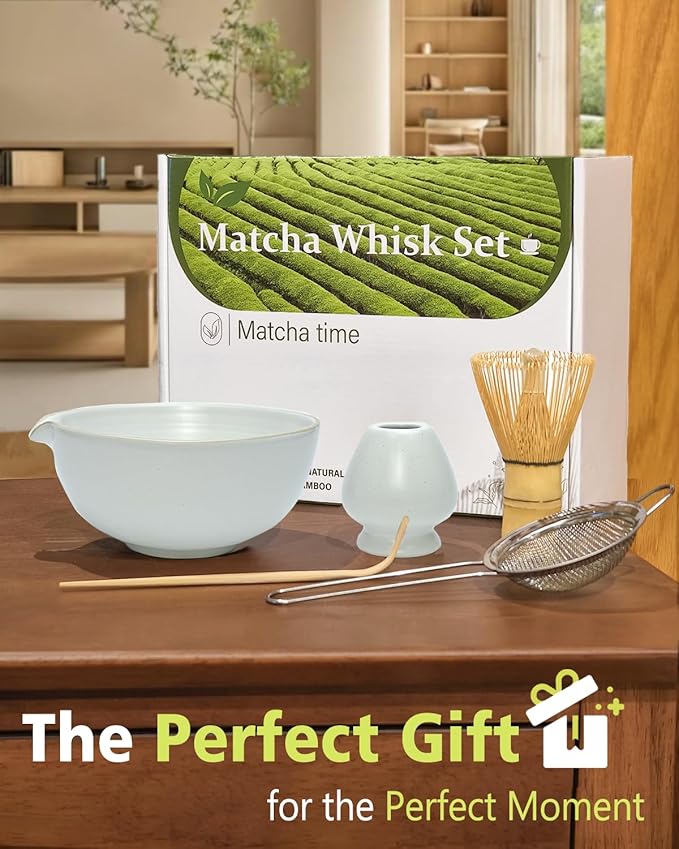 Matcha Whisk Set with Matcha Bowl, Matcha Whisk Holder Matcha Bamboo Whisk, Scoop, Sifter, Unique Gifts for Women Men Girl Friend Home Kitchen Decor（white）