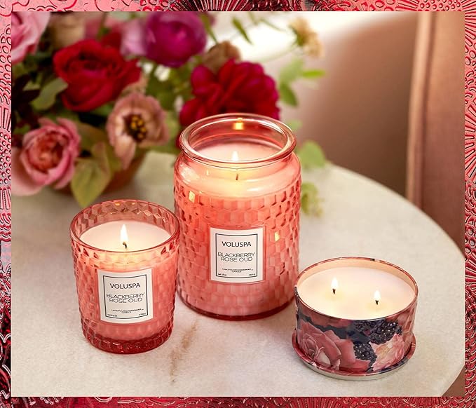 Voluspa BlackBerry Rose Oud Candle | Large Glass Jar Candle with Lid | 18 Ounces | 100 Hour Burn Time | Coconut Wax for Clean Burning | Handcrafted in The USA | Non-Toxic