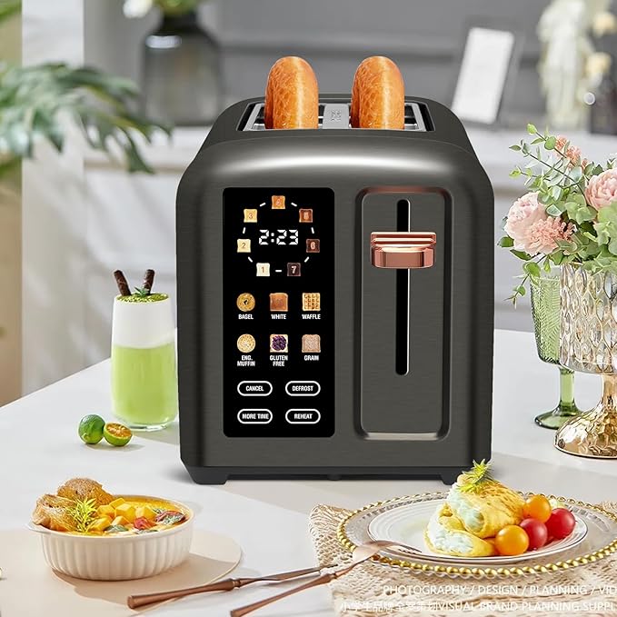 SEEDEEM Toaster 2 Slice, Touch Control Stainless Toaster LCD Display, 50% Faster Heating Speed, 1.4'' Wide Slots, More Timer Functions, Removable Crumb Tray, 1350W, Dark Metallic