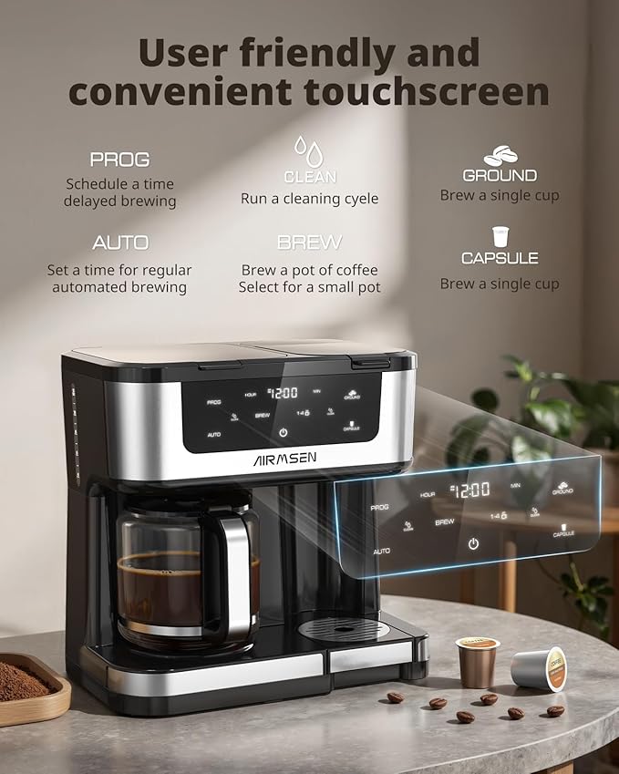 AIRMSEN 12-Cup Programmable Coffee Maker – Single Serve Machine for K-Cup Pods & Ground, 1000W Fast Brew, Delay Start, 2H Keep Warm, Touchscreen, 60oz Tank, Glass Carafe – Home & Office