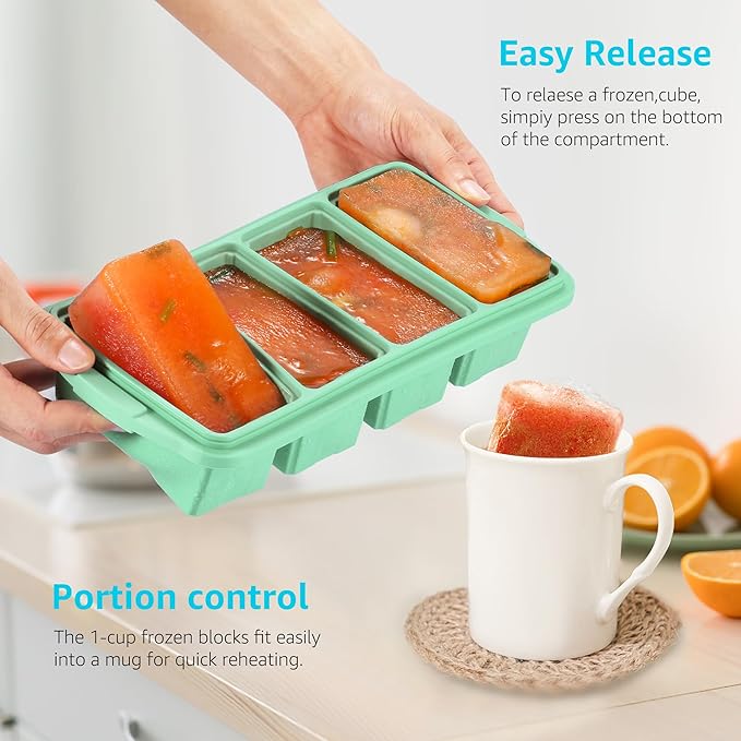Silicone Freezer Tray With Lid - Silicone Freezer Food Molds- Large Ice Cube Tray,Silicone Freezer Container,Freeze & Store Soup, Sauce, Broth,Leftovers - Makes 4 Perfect 1 Cup