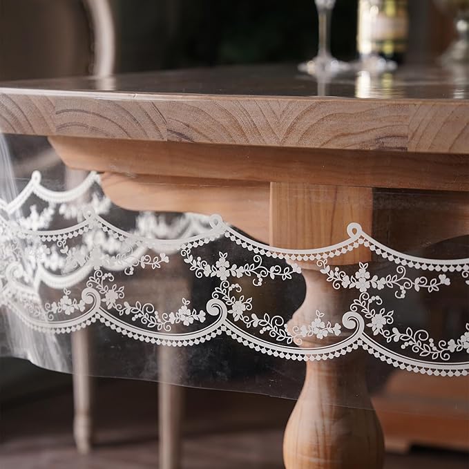 Clear Table Cover Protector Plastic Vinyl Table Cloth with White Lace Pattern Oil Spill Proof Plastic Tablecloths for Dining Tables Parties Holidays (French Lace, 60 x 84 Inches)