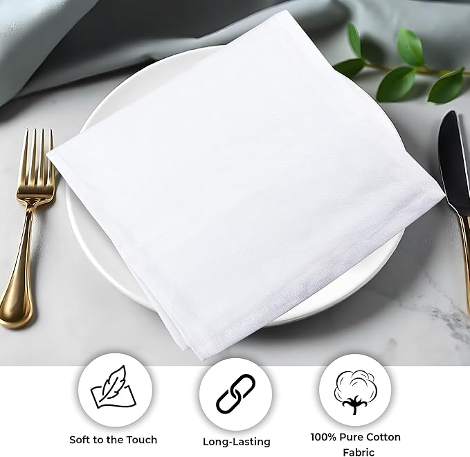 Urban Villa White Cloth Napkins Set of 10 100% Cotton Dinner Napkins Cloths Washable 20”x20” Absorbent Soft Durable Reusable-Ideal for Everyday Use Parties Wedding Thanks Giving Christmas Halloween