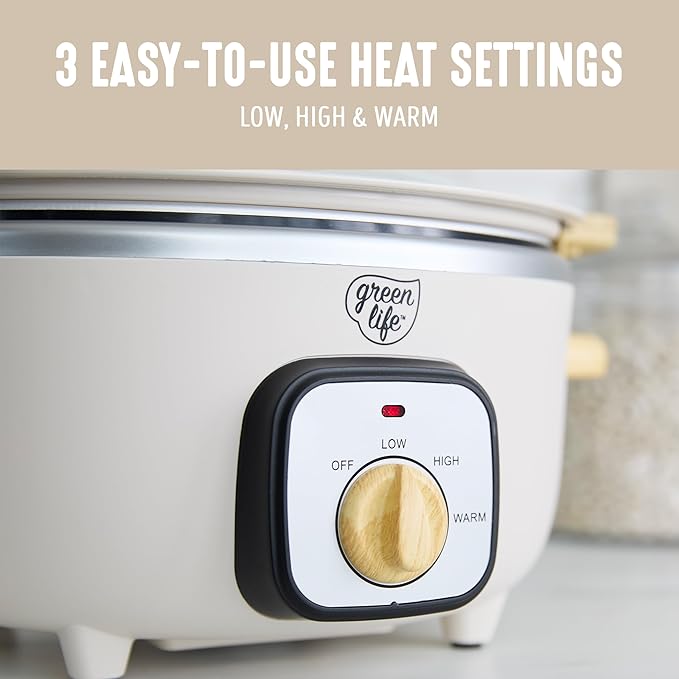 GreenLife 3.5QT Slow Cooker, Non-Toxic PFAS-Free Ceramic Nonstick Removable Interior Bowl, Programmable, Keep Warm, Stovetop & Oven Safe, Dishwasher Safe Parts, Glass Lid, Cream