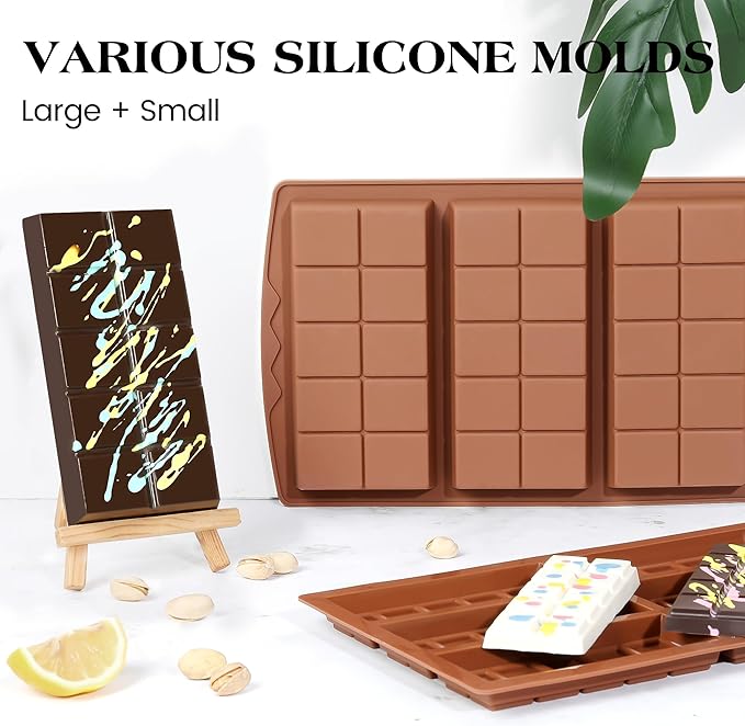 4 Pcs Chocolate Bar Mold Deep Dubai 0.85 Inch Stuffed Chocolate Molds Silicone Large Break Apart Silicone Molds (10 Snap + Pyramid)