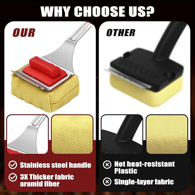 Steam Safe Grill Cleaning Brush Bristle Free for Outdoor Grill with 15" Extended Handle, 3X Thick Aramid Fabric Replaceable Brush Heads, Heavy Duty Triple-Groove Scraper Design for All Grates, Red