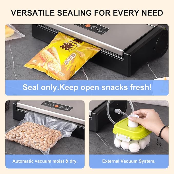 Vacuum Sealer Machine, 75kpa Rechargeable Full Automatic Food Sealer for Freshness Storage, Stainless Steel Portable Food Vacuum Sealers Machine with Pre-cut Bags, Air Hose for Outdoor Indoor