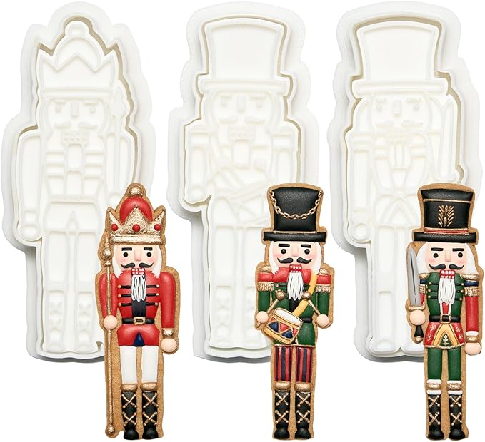 Flycalf Christmas Cookie Cutters Nutcracker Set of 3 with 3D Stamper Holiday Baking Accessories Cutter Molds Gifts for Kids Decorative Party 3.5" Kitchen Cake Supplies