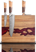 FINDKING Magnetic Knife Block, Double Sided Holder, Powerful Magnet Kitchen Storage, Acacia Wood and Red Resin (12 x 10 Inches, Without Knives)