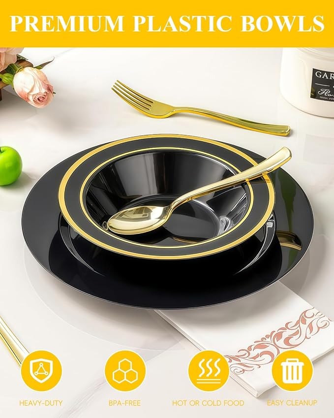 50 Pack Black Disposable Bowls with Gold Rim, 12oz Black Plastic Soup Bowls for Party, Wedding, Holiday,And Halloween
