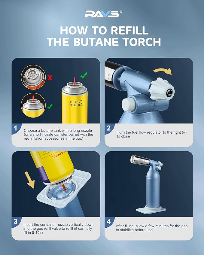 RAVS Dual Flame Butane Torch Lighter, Professional Kitchen Torch with 20G Large Capacity, Adjustable Flame, Blue Cooking Torch for Creme Brulee, BBQ, Baking, Gifts for Women (Butane Gas Not Included)