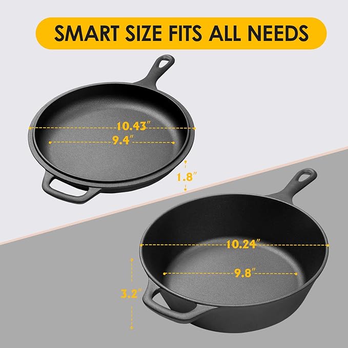 2-in-1 Pre-Seasoned Cast Iron Dutch Oven Pot with Skillet Lid Set, 10" Skillet 3QT Pot for Cooking, Baking, Frying and Camping
