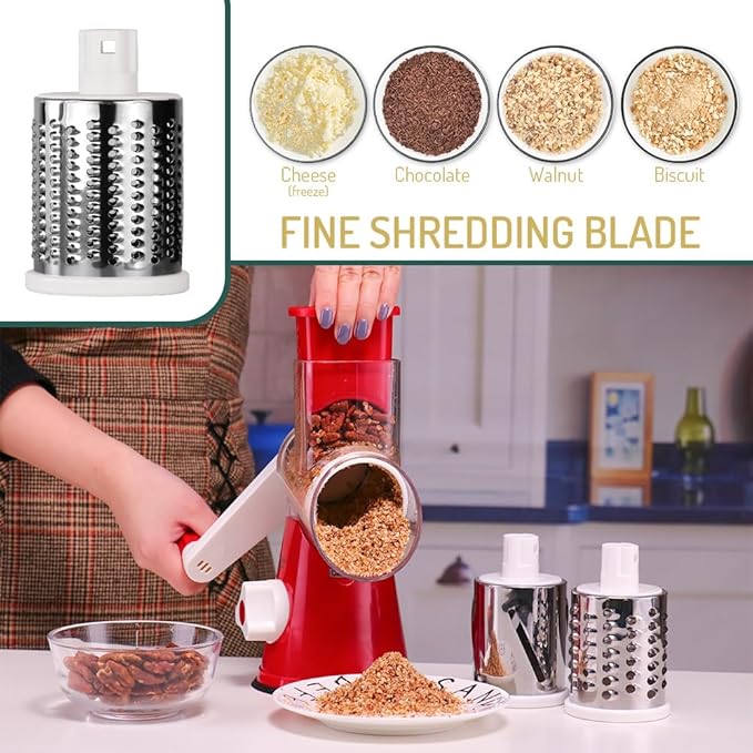 Rotary Cheese Grater with Handle Vegetable Shredder Round Kitchen Slicer Mandoline Grater for Vegetable, Nuts, Chocolate, Cheese, White, 3 Stainless Steel Blades